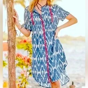 SUNDANCE Isabel Ikat Cotton Midi Embroidered Shirt Dress Size S Boho